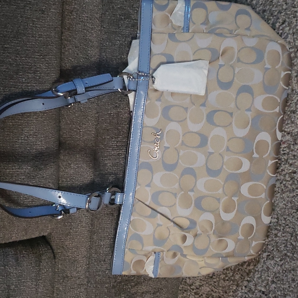 Coach Signature East West Tote in Silver/Light Blue Multi